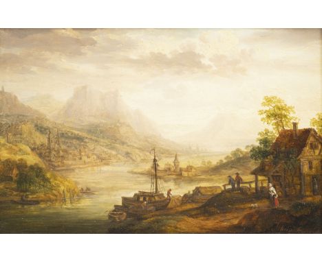CHRISTIAN GEORG SCHÜTZ DER ÄLTERE1718 Flörsheim - 1791 Frankfurt/MainBERGIGE FLUSSLANDSCHAFT MIT PERSONEN, FACHWERKHAUS UND B