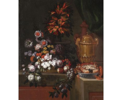 PIERRE-NICOLAS HUILLIOT1674 Paris - 20. Dezember 1751 ebendaSTILLLEBEN MIT BASTKORB UND BLUMEN, TRAUBEN, PFIRSICHEN, SCHALENT