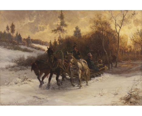 FRITZ VAN DER VENNE1873 München - 1936 ebendaHEIMKEHRENDE JÄGER IN DER WINTERLANDSCHAFT (1909) Öl auf Leinwand. 40 x 61 cm (R