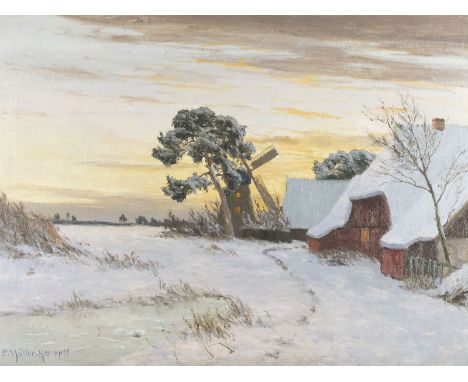 PAUL MÜLLER-KAEMPFF1861 Oldenburg - 1941 BerlinAHRENSHOOPER GEHÖFT IM WINTER Öl auf Leinwand. 61 x 81 cm (R. 75 x 94 cm). Sig