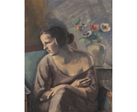 MAURICE ASSELIN1882 - 1947Porträt der Frau des Künstlers mit Anemonen (1921) Öl auf Leinwand. 83 x 67 cm (R. 109 x 92 cm). Si
