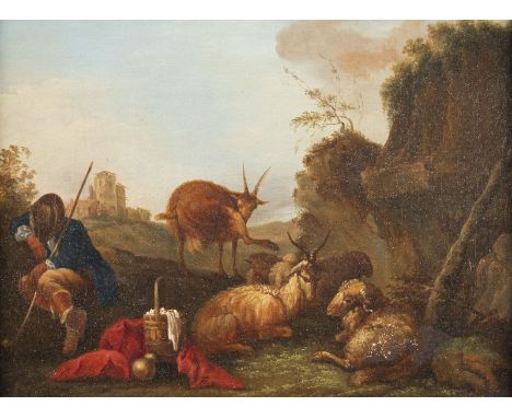 MITGLIED DER ROOS-FAMILIE DES FRÜHEN 18. JH.RUHENDER ZIEGENHIRTE BEI DER MITTAGSPAUSE Öl auf Leinwand (doubl.). 27 x 36 cm (R