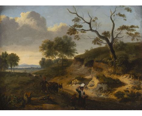 DEUTSCHE/NIEDERLÄNDISCHE SCHULE1. Hälfte 19. Jh.LANDSCHAFT MIT STAFFAGE Öl auf Leinwand. 25 x 34 cm (R. 39 x 47 cm). Part. re