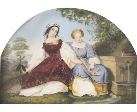 MORITZ DANIEL OPPENHEIM1800 Hanau - 1882 Frankfurt/M.'ZWEI MÄDCHEN AM BRUNNEN' (NACH EDUARD BENDEMANN) Polychrome Malerei auf