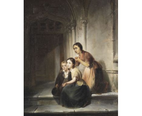 JAN HENDRIK VAN DE LAAR1807 Rotterdam - 1874 ebendaBETTLERFAMILIE IN DER KIRCHE Öl auf Holz. 57 x 47 cm (R. 79 x 70 cm). Sign
