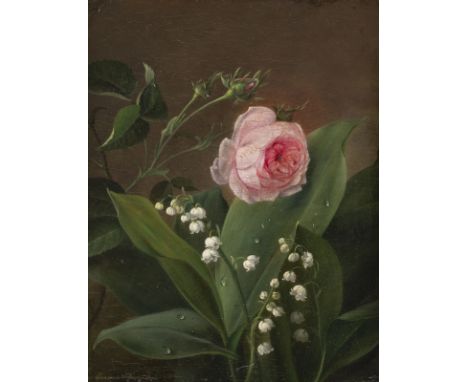 EMMA THOMSEN1822 - 1897Rosen und Maiglöckchen Öl auf Holz. SM 22,5 x 18 cm (R. 30 x 25 cm). Signiert unten links. Part. ber. 