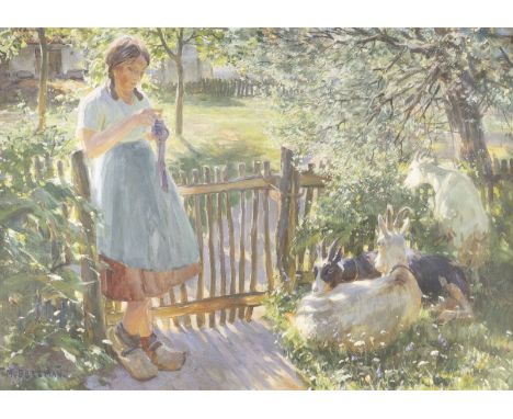 MAX BERGMANN1884 Fürstenberg/Oder - 1955 HaimhausenMÄDCHEN UND ZIEGEN AM GARTENTOR AN EINEM SONNIGEN TAG Öl auf Leinwand. 70,