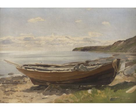 EUGEN GUSTAV DÜCKER1841 Ahrensburg - 1916 DüsseldorfFISCHERBOOT Öl auf Leinwand (doubl.). 34 x 47 cm (R. 50 x 62 cm). Verso: 