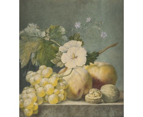 MARIA VOS1824 Amsterdam - 1906 OosterbeekTRAUBEN, PFIRSICHE UND WALNÜSSE (1843) Aquarell auf Papier, auf Karton. 22 x 20,5 cm