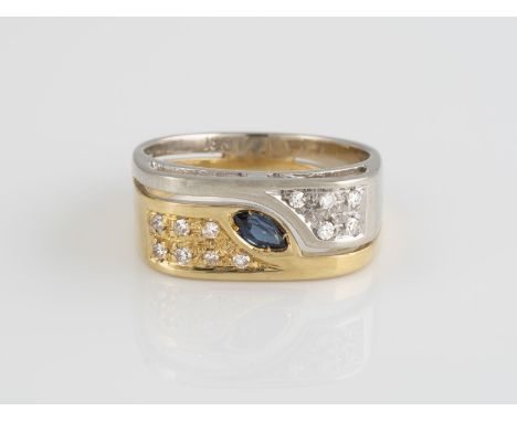 RING Gelbgold, Weißgold. Ringmaß ca. 54, Ges.-Gew. ca. 6 g. Gest. 18 K. Ein Saphir im Navetteschliff, ca. 0,15 ct., 12 Diaman