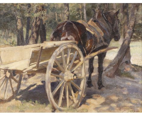 JULIUS PAUL JUNGHANNS1876 Wien - 1958 DüsseldorfPFERD MIT WAGEN Öl auf Leinwand. 54 x 69,5 cm (R. 71 x 87 cm). Signiert unten