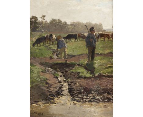 HUGO MÜHLIG1854 Dresden - 1929 DüsseldorfHIRTENJUNGEN MIT BUNTEM WEIDEVIEH Öl auf Papier, Karton. 32,5 x 25 cm (R. 52 x 42 cm