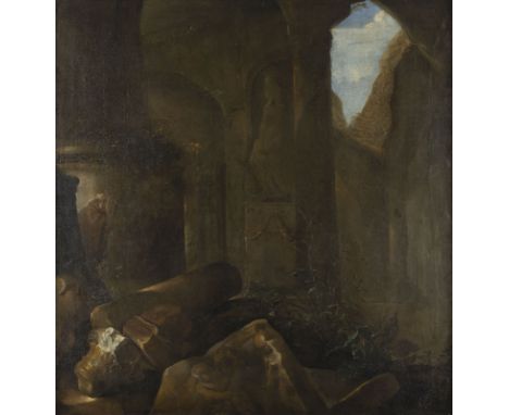 ITALO-FLÄMISCHE SCHULE DES 17. JH.KLOSTERRUINEN MIT SCHREITENDEM MÖNCH Öl auf Leinwand (doubl.). 96 x 92 cm (R. 109 x 105 cm)