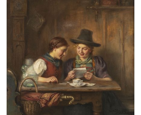 EMMA VON MÜLLER1859 Innsbruck - 1925 MünchenLIEBESBRIEF (1918) Öl auf Leinwand. 60 x 66 (R. 77 x 83 cm). Signiert und dati. u
