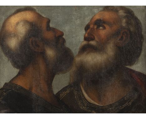 ITALIENISCHE SCHULE DES 16./17. JH.PAAR APOSTEL-KOPFSTUDIEN Öl auf Leinwand (doubl.). 42 x 57 cm (R. 58 x 73 cm). Part. leich