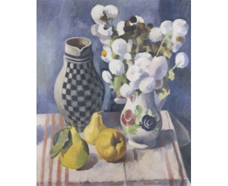 GEORG BREITWIESER1890 Langstadt bei Dieburg - 1938 DarmstadtSTILLLEBEN MIT KRÜGEN, BIRNEN UND BLUMEN (1932) Öl auf Leinwand. 