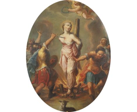 DEUTSCHE SCHULE UM 1700DAS MARTYRIUM DER HEILIGEN AGNES Öl auf Leinwand (oval). 134 x 102 cm (R. 180 x 125 cm). Oberfläche le