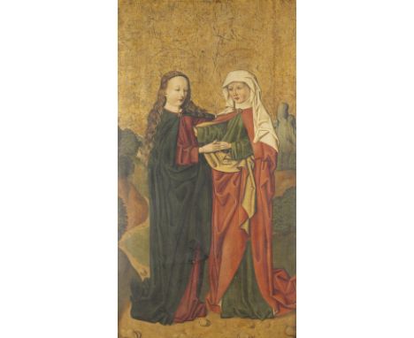 KONSTANZER SCHULE UM 1470BEGEGNUNG DER SCHWANGEREN MARIA UND ELISABETH (ALTARFLÜGELGEMÄLDE) Tempera auf Nadelholztafel (teilp