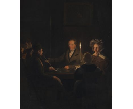 PETRUS (PIETER) VAN SCHENDEL1806 Breda - 1870 BrüsselELEGANTE GESELLSCHAFT BEI KERZENLICHT. DIE BRAUTWERBUNG Öl auf Holz. 41 