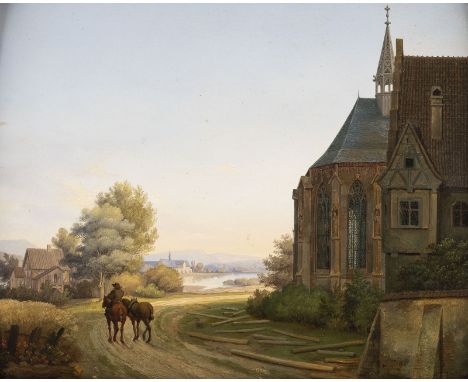 DEUTSCH-ÖSTERREICHISCHE SCHULEum 1820Dorf am See bei Sonnenuntergang Öl auf Holz. 27 x 32,5 cm (R. 43 x 48 cm). Verso: Stempe