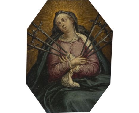 PRAGER HOFSCHULE UM 1600JUNGFRAU MARIA: DIE SIEBEN SORGEN MARIENS Öl auf Kupfertafel (oktogonal). 11 x 8,5 cm (R. 31 x 28,5 c