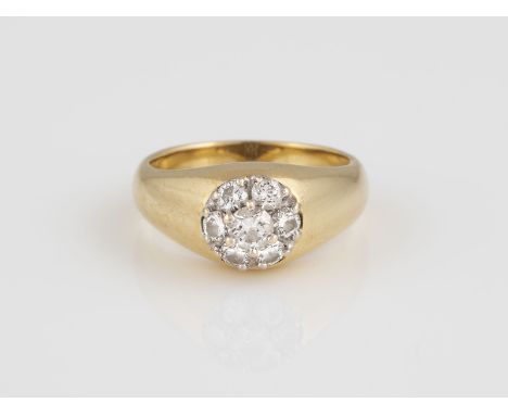 RING Gelbgold, Weißgold. Ringmaß ca. 54, Ges.-Gew. ca. 8,0 g. Gest. 585, Herstellersignet Goldbaur, Bad Wörishofen. Sieben Br