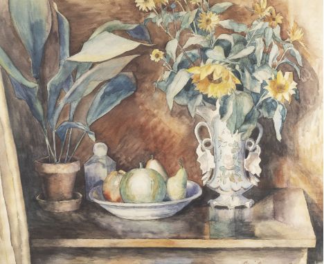 GEORG BREITWIESER1890 Langstadt bei Dieburg - 1938 DarmstadtSTILLLEBEN MIT SONNENBLUMEN UND FRÜCHTEN (1929) Aquarell auf Papi
