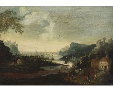 SÜDDEUTSCHE SCHULE DES 18. JH.GEBIRGIGE LANDSCHAFT MIT STADT- UND BURGANLAGE AM WASSER Öl auf Nadelholztafel, einen Rückseite