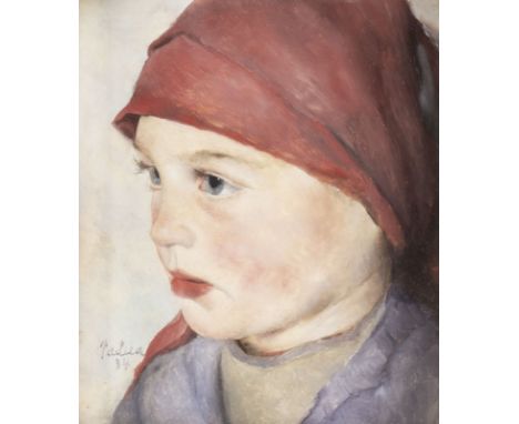 PAUL MATHIAS PADUA1903 Salzburg - 1981 Rottach-EgernPORTRÄT EINES MÄDCHENS MIT ROTEM KOPFTUCH (1934) Öl auf Karton. SM 15 x 1