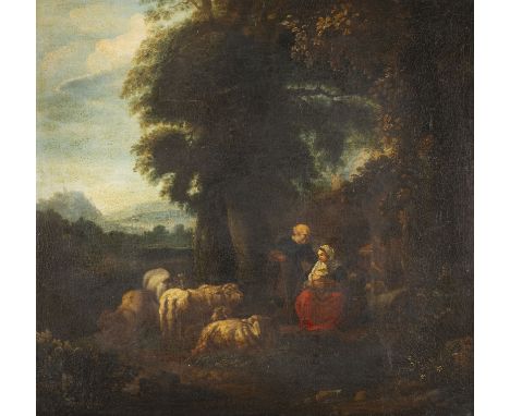 JOHANN HEINRICH ROOS (UMKREIS)1631 Otterberg - 1685 Frankfurt am MainLANDSCHAFT MIT SCHÄFER UND STILLENDER SCHÄFERIN Öl auf L