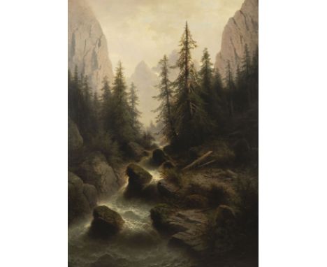 ALBERT RIEGER1834 Triest - 1905 WienWASSERFALL IM GEBIRGE Öl auf Leinwand (doubl.). 123 x 90 cm (R. 139,5 x 107 cm). Signiert