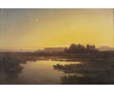 ANTON ZWENGAUER1810 München - 1884 ebendaABENDSTIMMUNG IM DACHAUER MOOS Öl auf Leinwand. 29 x 43 cm (R. 37 x 49,5 cm). Verso: