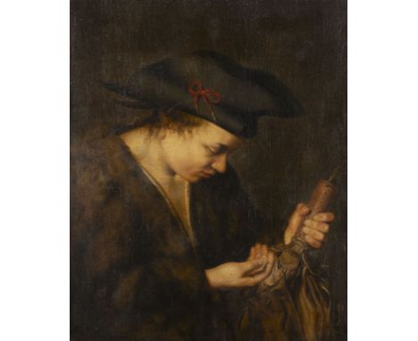 NIEDERLÄNDISCHE SCHULE DES WOHL 18.JH.BILDNIS EINES JUNGEN MIT HUT UND SPINDEL Öl auf Leinwand (altdoubl.). 61,5 x 50 cm (R. 