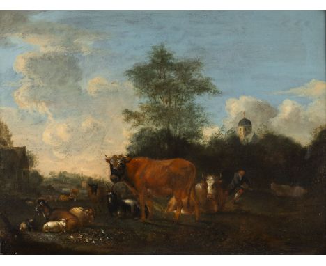 FRANCO-FLÄMISCHE SCHULE DES WOHL 18./19.JH.LÄNDLICHE IDYLLE MIT WEIDEVIEH UND HIRTEN Öl auf Eichenholztafel. 47 x 65 cm (R. 7