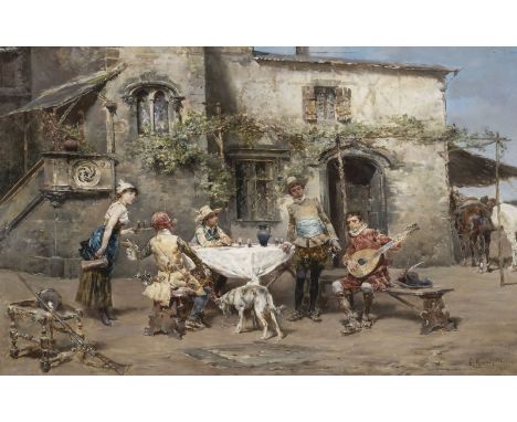 LUDOVICO MATCHETTI1853 Rom - 1909 ParisIN ITALIENISCHER OSTERIA (1881) Öl auf Holz. 25 x 39,5 cm (R. 36 x 50,5 cm). Signiert 