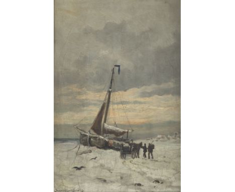 JACOB WILLEM GRUYTER1856 Amsterdam - 1908 Egmond aan ZeePAAR GEMÄLDE: SCHNEEBEDECKTE KÜSTE MIT FISCHERBOOT. BOMSCHUIT AM STRA