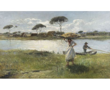 HEINRICH RASCH1840 Alsen - 1913 CoburgSOMMERLANDSCHAFT MIT BAUERN AM FLUSS Öl auf Leinwand. 54 x 86 cm (R. 69 x 102 cm). Sign