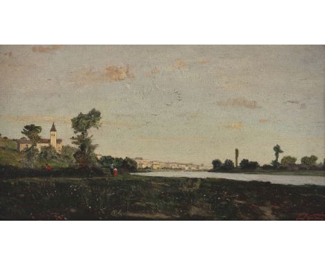 PAUL CAMILLE GUIGOU (ATTR.)1834 Villars - 1871 ParisANSICHT VON TRIEL (SEINE-ET-OISE), 1869 Öl auf Holz. 20 x 36 cm (R. 33 x 