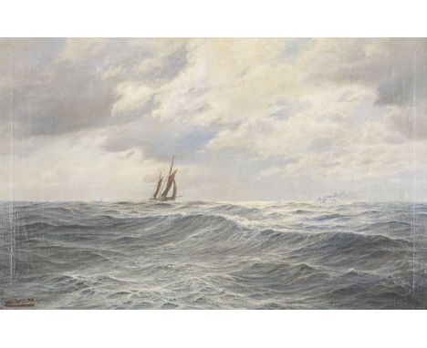 JOHANNES HOLST1880 Hamburg-Altenwerder - 1965 ebendaMEERLANDSCHAFT MIT SEGELBOOT UND DAMPFSCHIFF IN DER FERNE (1929) Öl auf L