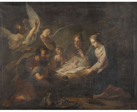 ITALIENISCHE SCHULE DES 18. JH.DARBRINGUNG DER HIRTEN Öl auf Leinwand. 80 x 100 cm (R. 92 x 112 cm). Part. min. besch., leich