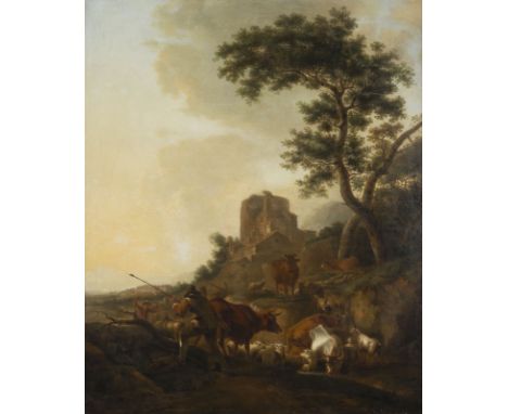 JOHANN HEINRICH ROOS (ATTR.)1631 Otternberg - 1685 Frankfurt/MainSÜDLICHE LANDSCHAFT MIT HIRTEN UND VIEHHERDE Öl auf Leinwand