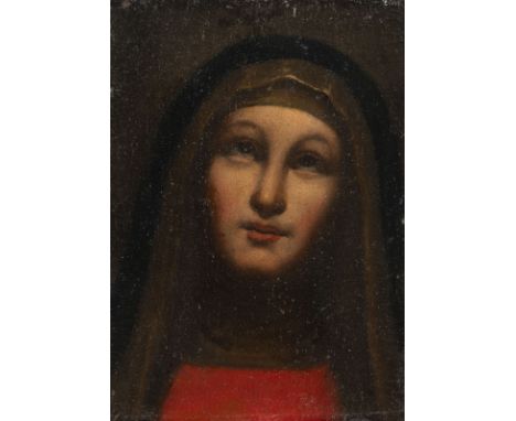 ITALIENISCHE SCHULE UM 1700ADORIERENDE MARIA Öl auf Leinwand auf Holztafel (maroufl.). 24,5 x 17,5 cm (R. 43 x 36 cm). Verso: