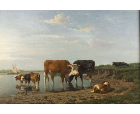 HOLLÄNDISCHER MALERTätig 2. Hälfte 19.Jh.KÜHE AN DER WASSERSTELLE Öl auf Leinwand (doubl.). 53 x 78 cm (R. 74 x 98 cm). Part.
