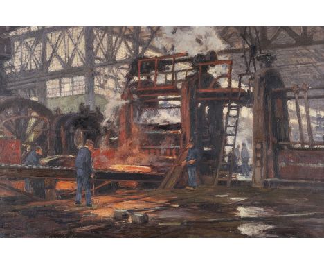 HEINRICH HERMANNS1862 Düsseldorf - 1942 ebendaIm Eisenwalzwerk Öl auf Leinwand. 48 x 74 cm (R. 67 x 92 cm). Signiert unten li