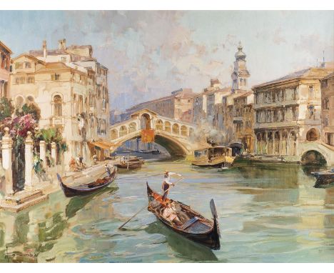 ANGELO BROMBO1893 Chioggia - 1962 VenedigCANAL GRANDE UND REALTO IN VENEDIG Öl auf Leinwand. 60 x 80 cm (R. 74 x 94 cm). Sign