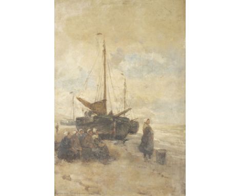 GERMAN GROBE1857 Hanau - 1938 DüsseldorfFRAUEN, DIE AM STRAND AUF FISCHER WARTEN Öl auf Holz. 43 x 30 cm (R. 65 x 51 cm). Sig