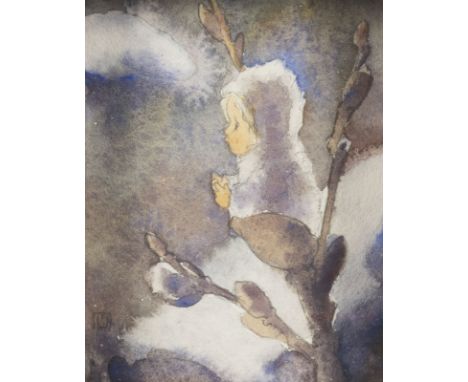 MILI WEBER1891 Biel - 1978 St. MoritzDIE WEIDENKNOSPE. um 1921 Aquarell auf Papier. 8 x 6,5 cm (R. 24 x 22 cm). Monogrammiert