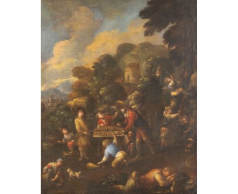 ITALIENISCHE SCHULE DES 18. JH.HUMORISTISCHE SZENE MIT KINDERN Öl auf Leinwand (altdoubl.). 69 x 83 cm (R. 105 x 92 cm). Part