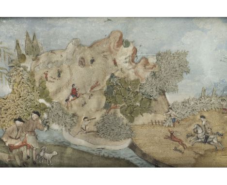 GERAHMTE COLLAGE MIT JAGDSZENE Deutsch, 18. Jh. Papier, Tusche, Gouache, Textil, hinter Glas im ornamentierten Holzrahmen ger