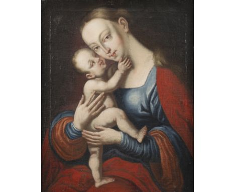LUCAS CRANACH DER ÄLTERE (NACHFOLGER DES 18. JH.)1472 Kronach - 1553 WeimarJUNGFRAU MIT DEM KINDE Öl auf Leinwand. 54,5 x 44 
